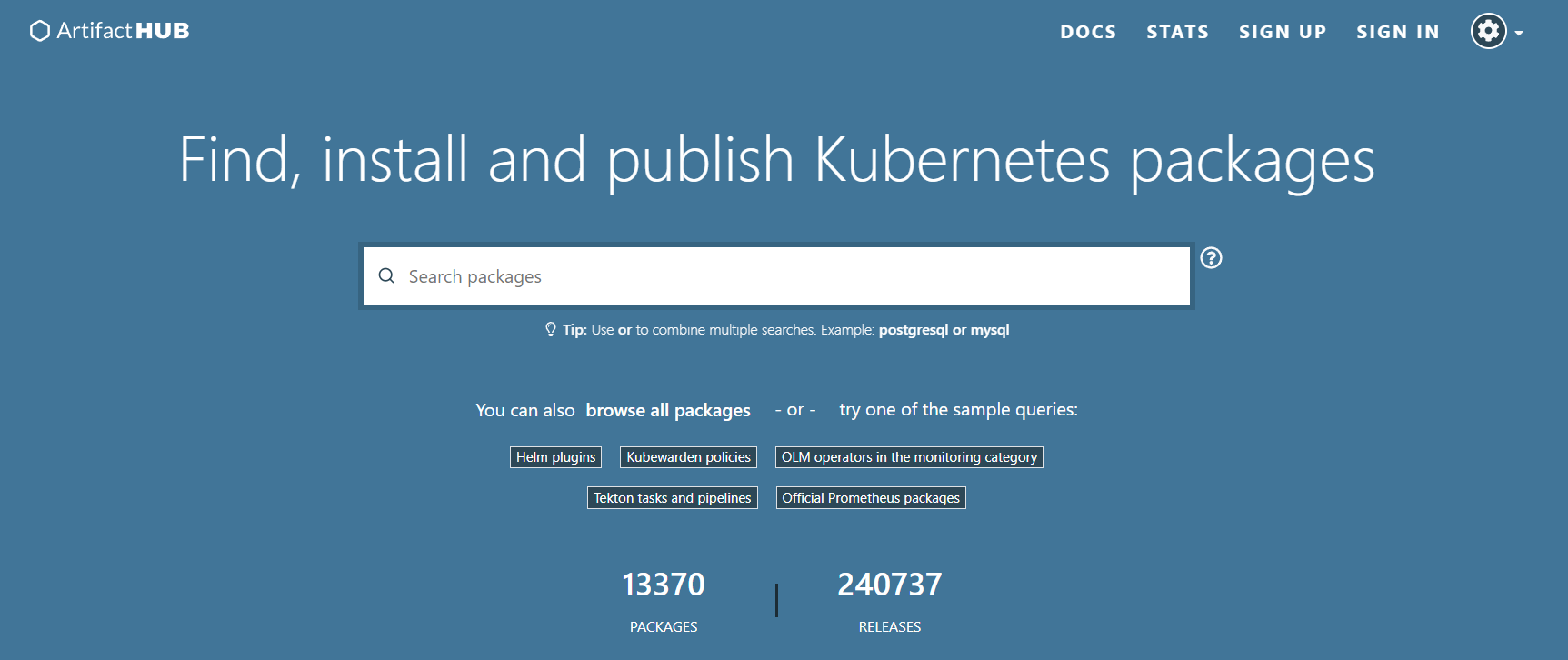 Startpagina van Artifact Hub: find, install and publish Kubernetes packages